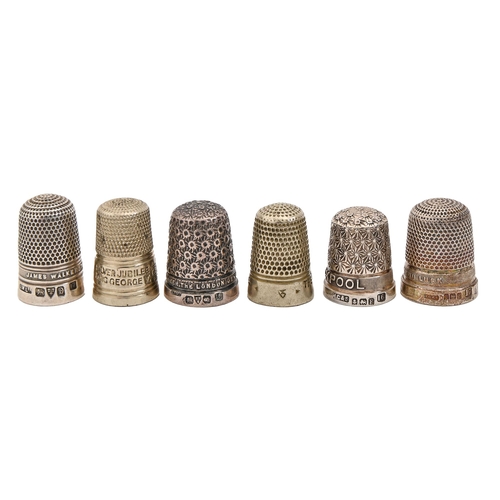 412 - Four silver and two nickel brass inscribed or commemorative thimbles, late Victorian-George V, one a... 