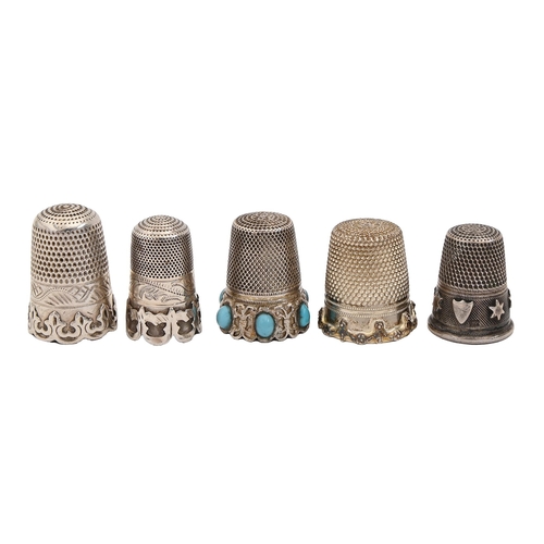 418 - Five Continental silver thimbles, late 19th c and later, each with applied decoration, one with turq... 