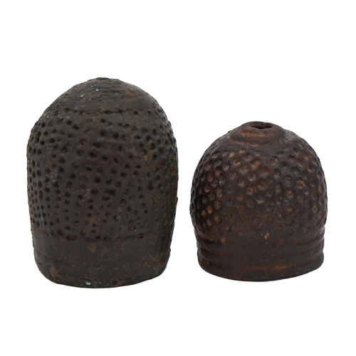 427 - A Turco-slavic bronze thimble, 13-15th c, 30mm h and another early thimble of brass (2)... 