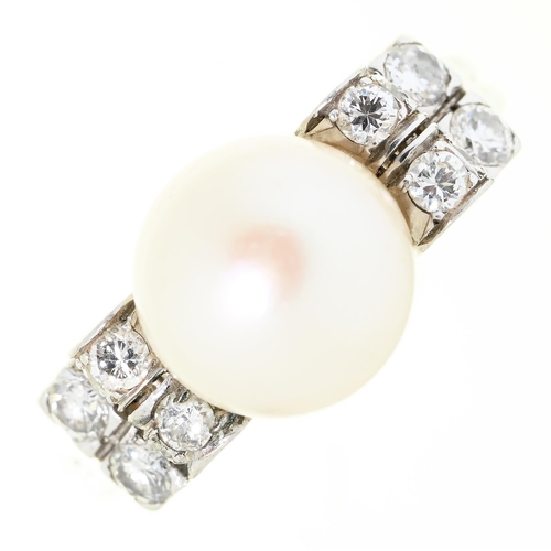 43 - A cultured pearl and diamond ring, in platinum, unmarked, 5.4g, size J½