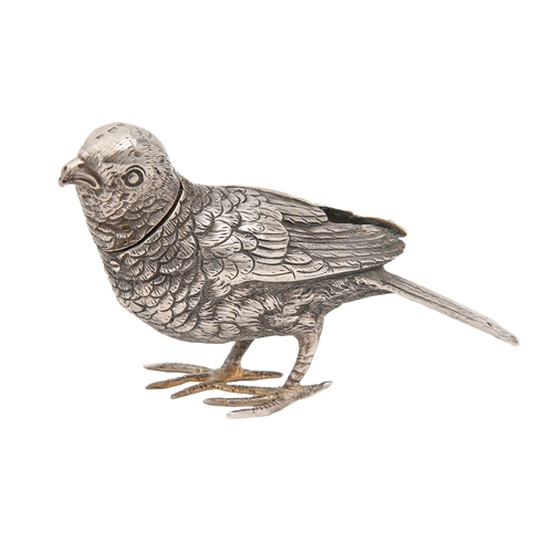 440 - A Continental silver bird novelty scent bottle,  11cm l, import marked JB, London 1882, 4ozs 15dwts... 