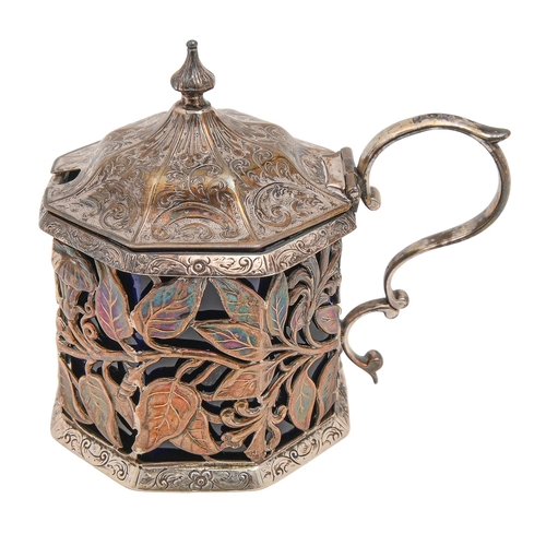 448 - A Victorian  octagonal silver openwork mustard pot, the sides with naturalistic flowers and leaves, ... 