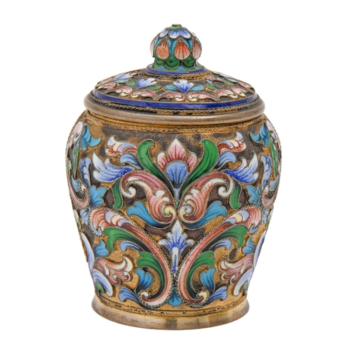 454 - A Soviet silver gilt and shaded cloisonne enamel jar and cover, 80mm h, bearing spurious earlier Cyr... 