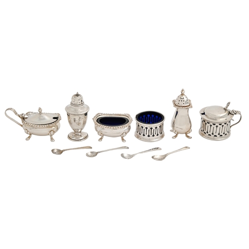 476 - An Elizabeth Ii gadrooned silver condiment set, blue glass liners, pepperette 75mm h, by J B Chatter... 