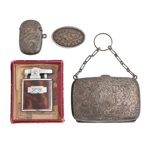 487 - A Victorian silver vesta case, 43mm h, by J Grinsell, Birmingham 1899, a silver purse by another, Bi... 