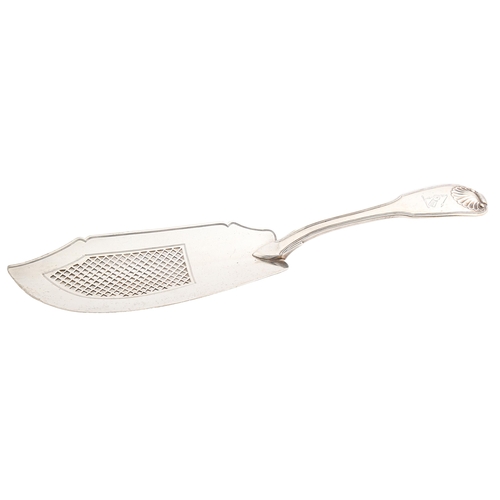 496 - A George III silver fish slice, Fiddle, Thread and Shell pattern, crested, by Eley, Fearn and Chawne... 