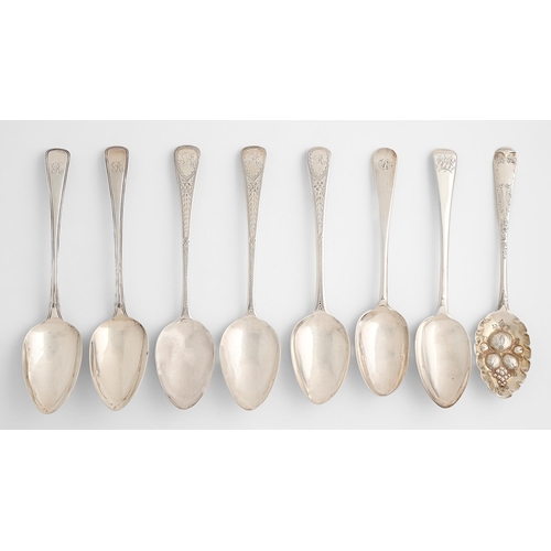 506 - Two pairs of George III silver tablespoons, Old English and Old English Thread pattern, one later br... 