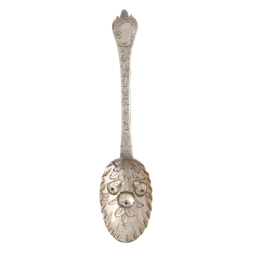 507 - A William III silver trefid spoon, later chased, maker's mark, Britannia and lion's head erased only... 