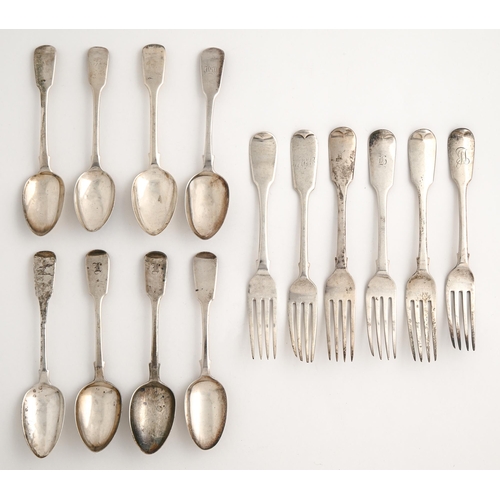 511 - Six silver table forks and eight silver dessert spoons, George IV - Edward VII, Fiddle pattern, most... 