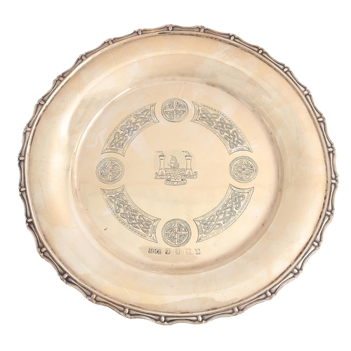 548 - An Irish silver salver, engraved with the arms of County Cork in Celtic style border and applied rim... 