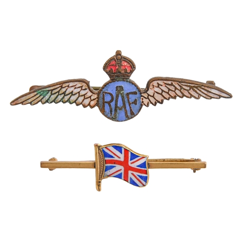 557 - A 9ct gold and enamel Union Jack bar brooch,  36mml,  Birmingham 1964, 2.5g, an RAF enamel brooch an... 