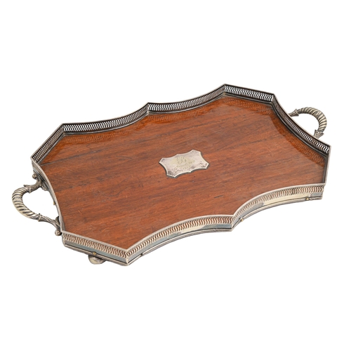 567 - An EPNS mounted oak gallery tray, c1918, on bun feet, 60.5cm over handles