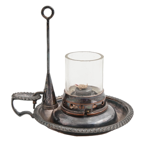 575 - A Victorian EPNS oil chamberstick, with gadrooned rim, extinguisher and glass shade, 12.5cm diam, do... 