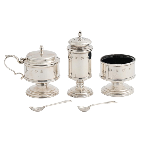 576 - An Elizabeth II silver condiment set, blue glass liners, pepper caster 11cm h, by William Adams Ltd,... 