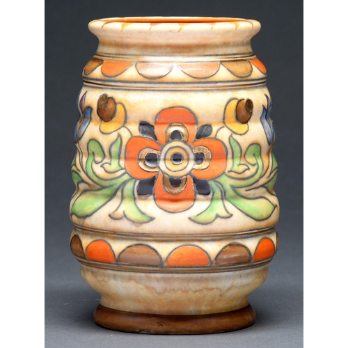 602 - Charlotte Rhead.  A Crown Ducal vase, 1930s, tube lined with a band of stylised flowers, 18.5cm h, i... 