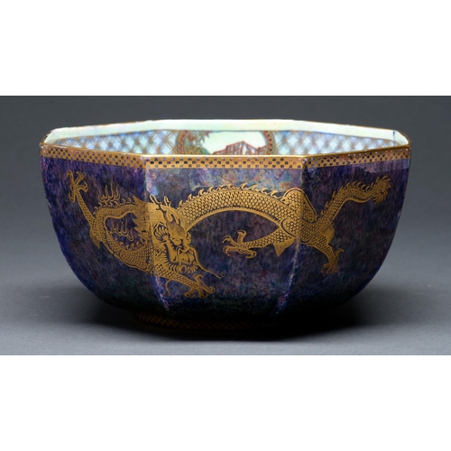 607 - A Wedgwood Dragon lustre octagonal bowl, designed by Daisy Makeig-Jones, c1920, with the celestial a... 