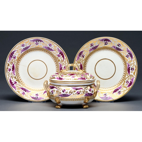 613 - A Derby sauce tureen and cover, c1820,  decorated in puce and gilt with a wide band of trailing foli... 