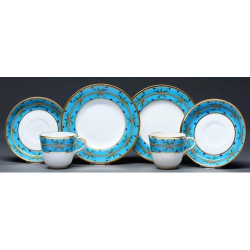 615 - A pair of Mintons bone china Aesthetic cups, saucers and plates, the design attributed to Dr Christo... 