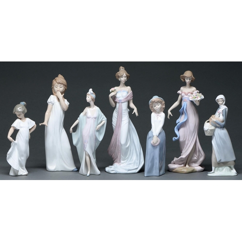 621 - Four Lladro figures of young women and three similar Nao figures, 31cm h and smaller, printed mark (... 