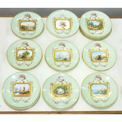 623 - A Mintons bone china dessert service, 1874, the plates painted with rectangular etched gilt framed l... 
