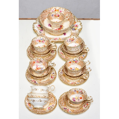 627 - A Coalport tea and coffee service, c1835, of Adelaide shape, painted with flower sprays and gilt, pa... 
