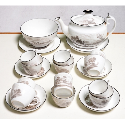 628 - A New Hall bone china tea and coffee service, c1810, bat printed with Bridges and Rivers and Cottage... 