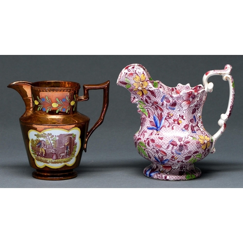 635 - A English copper lustre earthenware jug with puce bat prints, c1830, painted enamel detail, 15cm h a... 
