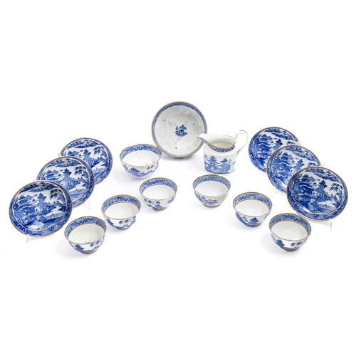 639 - An English blue and white composed tea service, c1790, transfer printed in bright underglaze blue wi... 