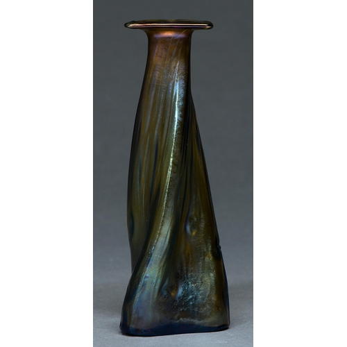 649 - A Bohemian iridescent glass vase, c1905,  of propeller form with shaped triangular neck, 17.5cm... 