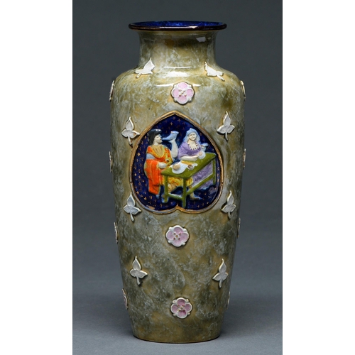 671 - A Doulton ware vase, post 1902, of shouldered form, moulded to either side with heart shaped blue gr... 