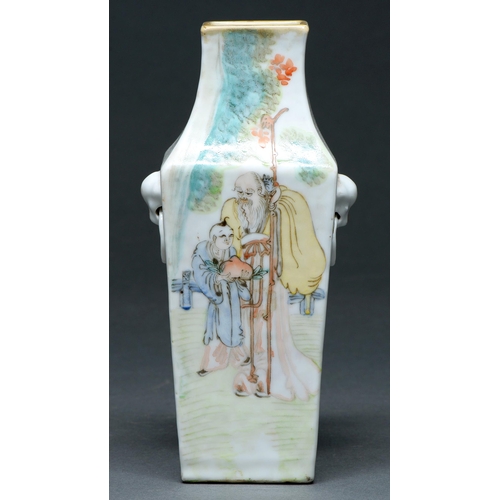 673 - A Chinese porcelain vase, c late 19th c,  of square section with ring handles, painted with Shoulau ... 