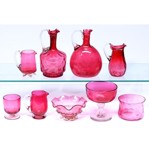 711 - Miscellaneous Victorian cranberry glassware,  to include a carafe etched with dragonfly and fer... 