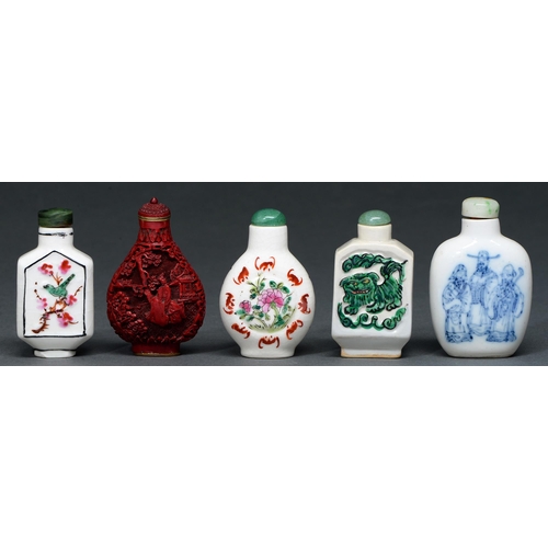 755 - Five Chinese famille rose and blue and white snuff bottles and a cinnabar lacquer example, 20th c,&n... 