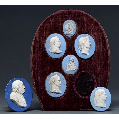 761 - Five Wedgwood jasper portrait medallions and cameos, 19th c,  classical subjects, oval, 50mm an... 