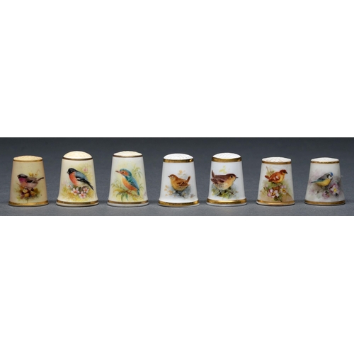 762 - Seven Royal Worcester thimbles, late 19th c and later, painted with birds, five signed, one of the e... 