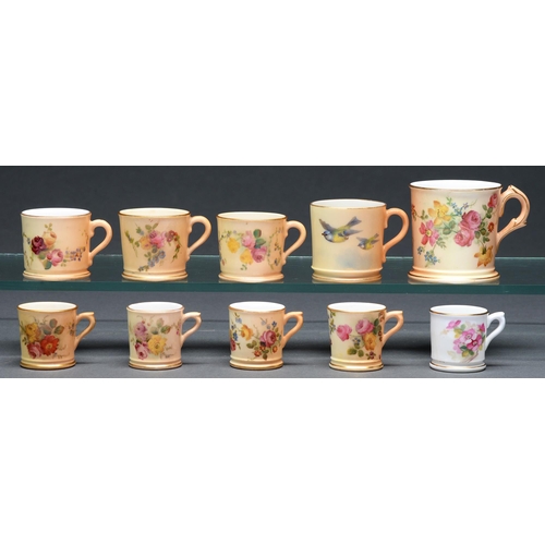 763 - Ten Royal Worcester miniature mugs, late 19th / early 20th c, printed and painted with flowers on a ... 