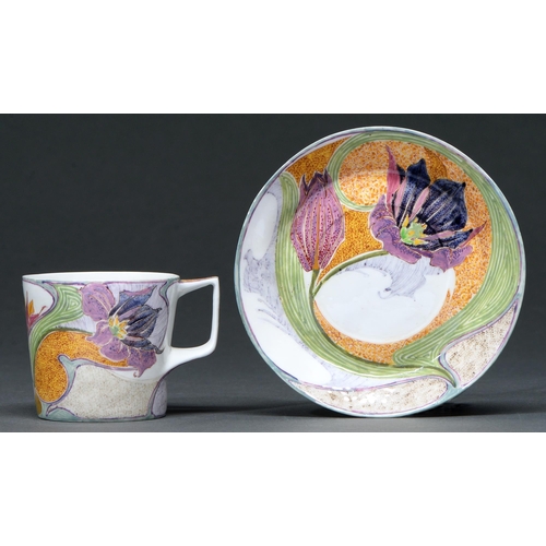 768 - A Rosenburg eggshell porcelain Art Nouveau cup and saucer, 1902, painted with tulips and sinuous lea... 