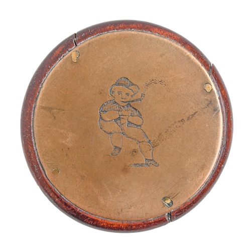 807 - A Victorian round brass faced and backed two finger snuff box,  engraved with initials, the back wit... 