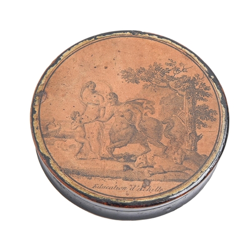 815 - A French papier mache snuff box and cover, c1820,  the cover with varnished engraving of the Educati... 