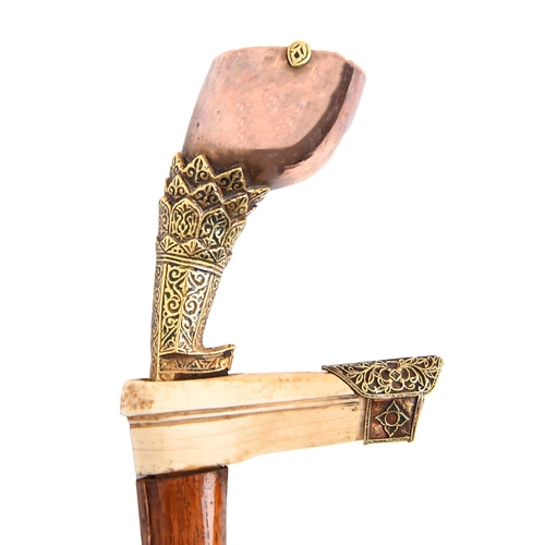 835 - A Malayan jewelled gold and bone mounted dagger and sheath, Kris, 19th c, blade 24cm l... 
