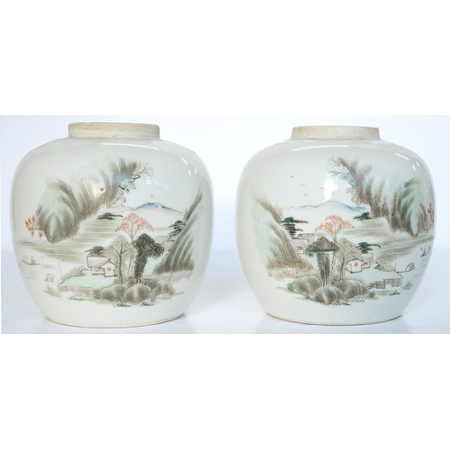 675 - A pair of Chinese famille verte jars, 20th c,  painted with landscape, 12cm h, carved wood covers an... 