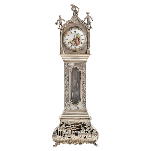 101 - A Dutch miniature silver longcase clock,  late 19th c, incorporating a earlier verge watch with poly... 