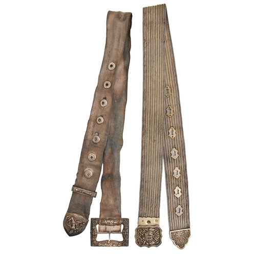 124 - Two South East Asian silver waist belts, late 19th c, with repousse buckle or clasp, 93 and 95cm l, ... 