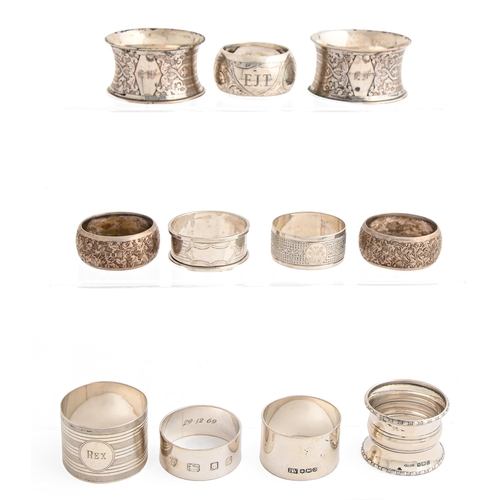 125 - Seven and a pair of silver  napkin rings, Victorian-Elizabeth II and a pair of Continental silver na... 