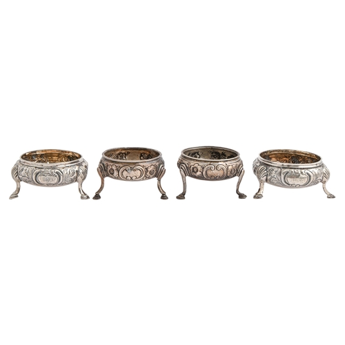 127 - A pair of George III silver salt cellars and a larger similar pair of Victorian silver salt cellars,... 