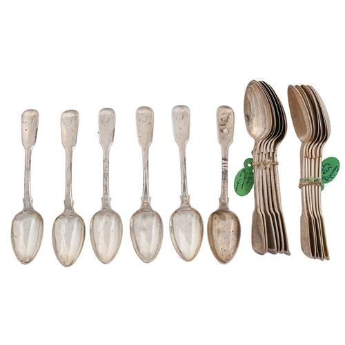 132 - One set of six George IV and two sets of six Victorian silver teaspoons,  Fiddle pattern, all London... 