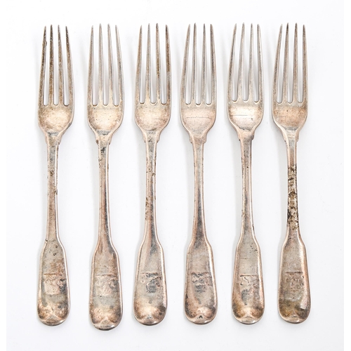 138 - A set of six George III silver dessert forks, Fiddle pattern, crested, by Richard Crossley, London 1... 