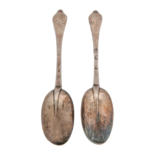 141 - A pair of Queen Anne silver spoons, Dog Nose pattern, contemporary scratched initials G L, by Willia... 