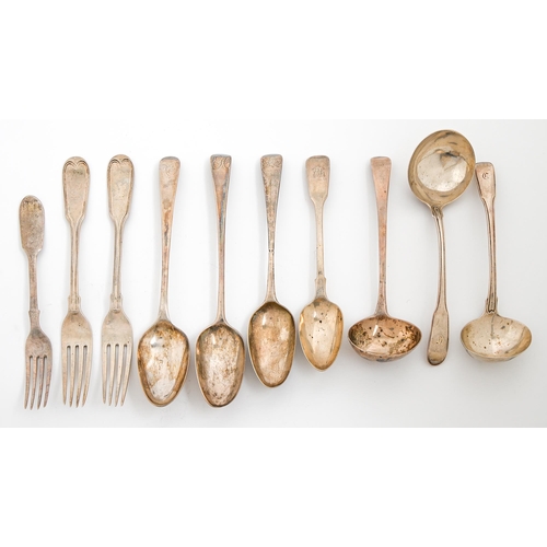 142 - Miscellaneous silver flatware, George III - Victorian, to include a pair of sauce ladles, Fiddle and... 