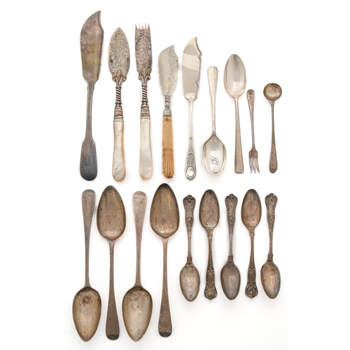 147 - Miscellaneous silver flatware, George III - early 20th c, to include a pair of Victorian mother of p... 